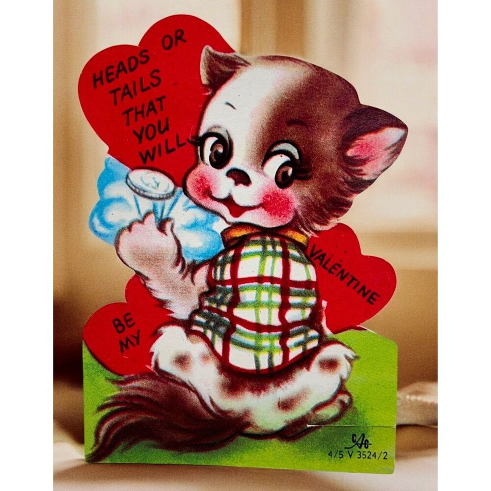 Valentines Day Vintage Greeting Card Dog Coin Flip Anthropomorphic Puppy 1950s